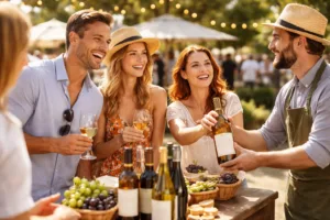Mensen proeven wijn op een zonnig terras tijdens een wijnfestival